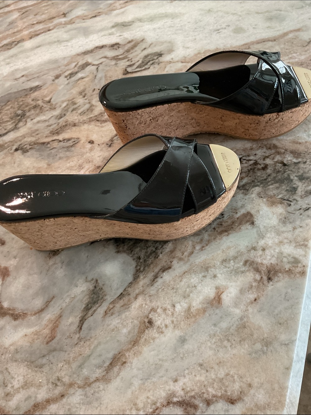 JIMMY CHOO PAtent Prima cork wedge sandals, black, size 38.5 - Picture 4 of 8
